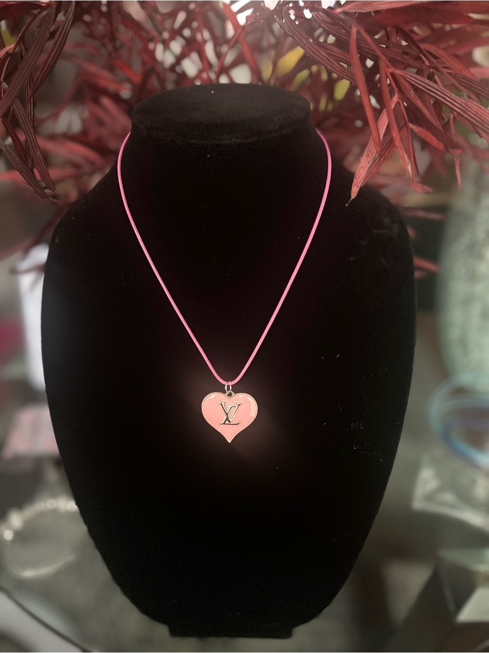 Pink Heart Pendant Necklace with Gold Logo on Pink Cord